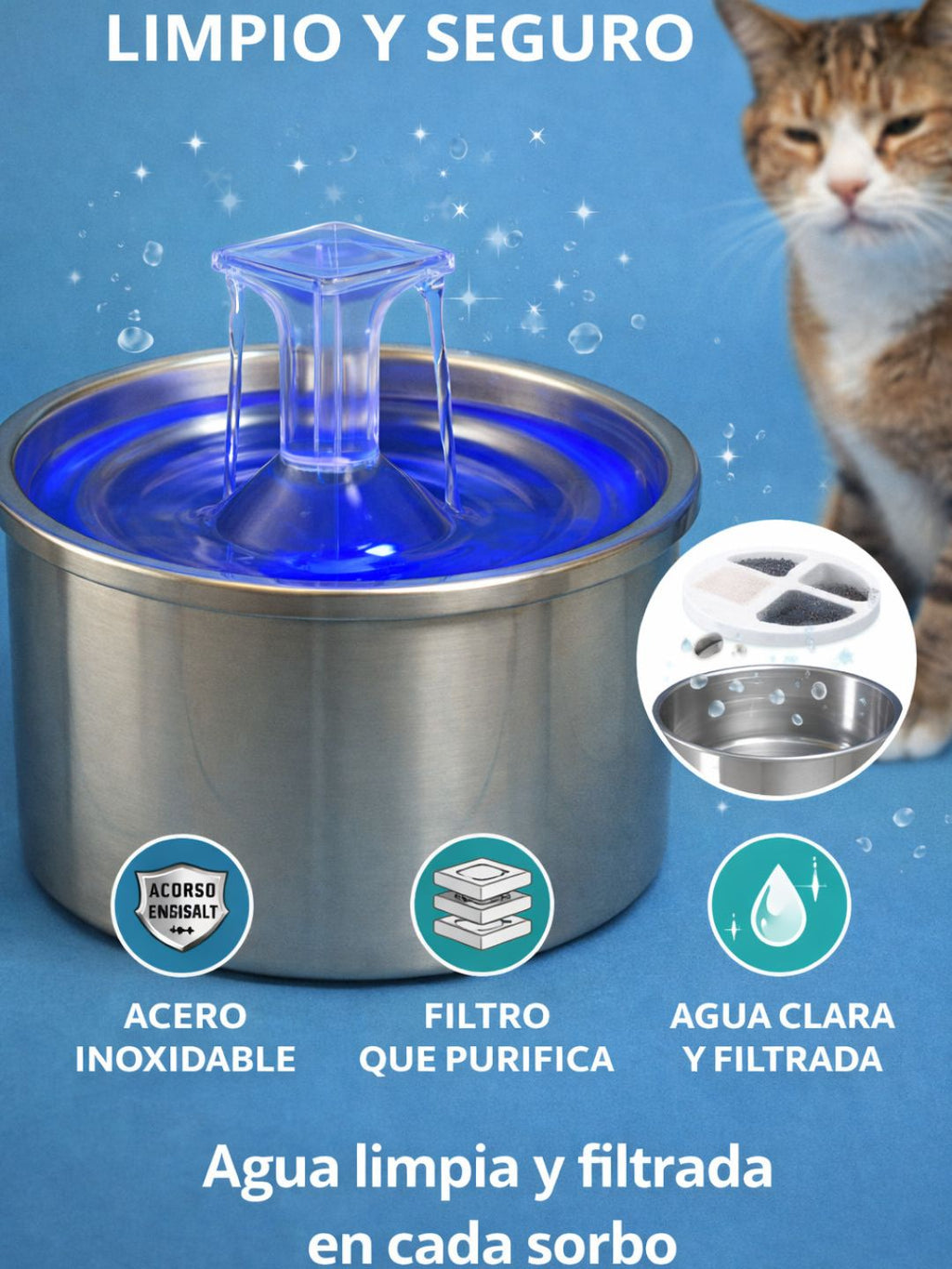 Fuente Dispensador Agua Bebedero Mascotas de Acero Inoxidable – 1.5 lts de agua