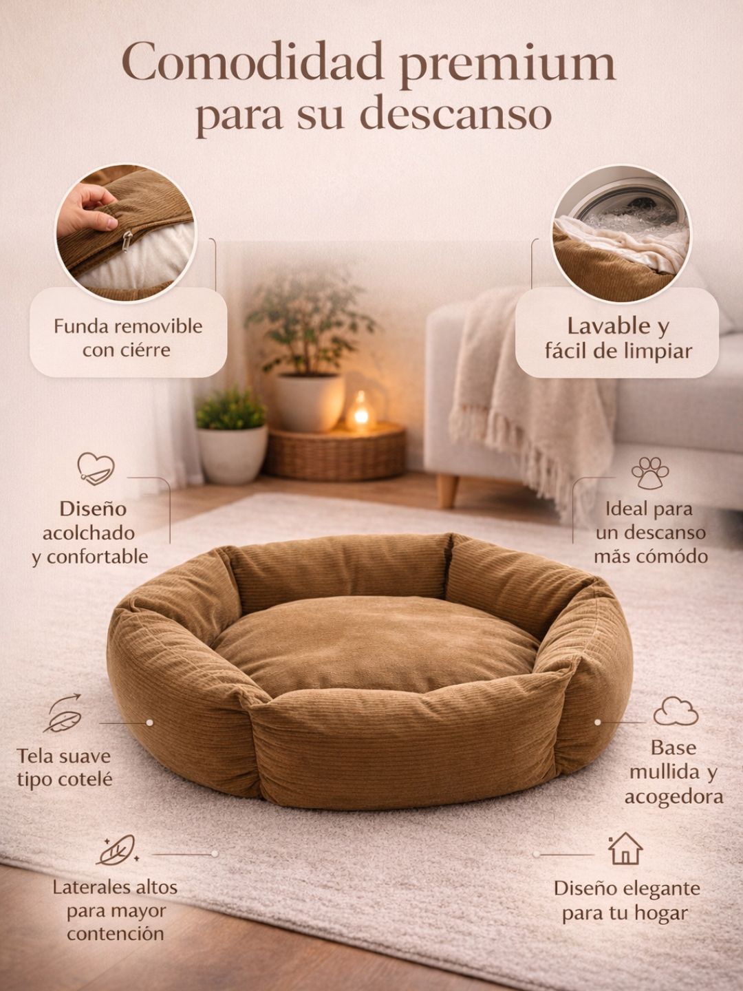 Cama Premium Acolchada con Funda Removible