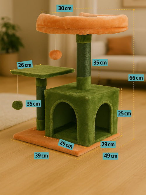 Arbol Rascador para gatos con casa, cama alta y juguetes – 66 cm de altura