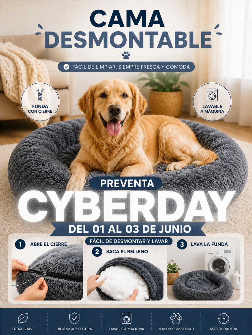 Cama Premium Desmontable Lavable para Perros (Preventa 👀)